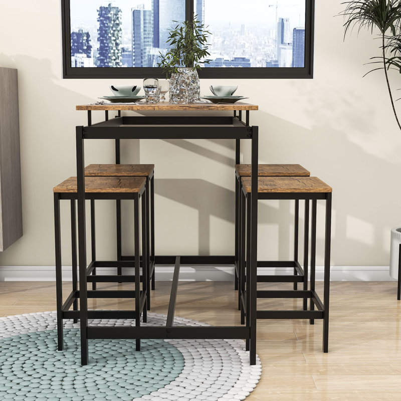 Pipkin 5-Piece Dining Set, Rectangular Table with Steel Frame and Four Stools for Small Space, Brown, Brown