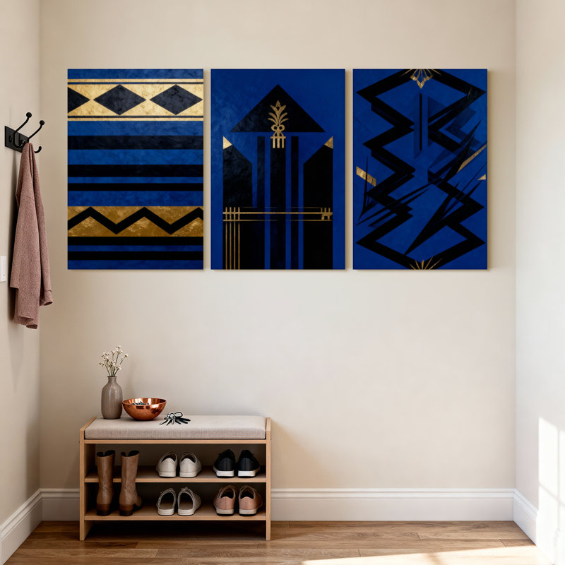Abstrait art déco géométrique bleu et or, ensemble de 3 impressions murales sur toile, H 18 po x l 36 po