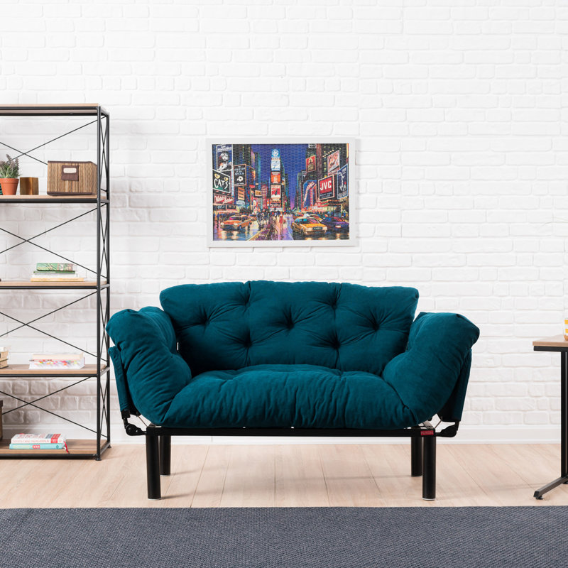 Caille 61" Wide Tufted Back Convertible Sofa, Petrol Blue