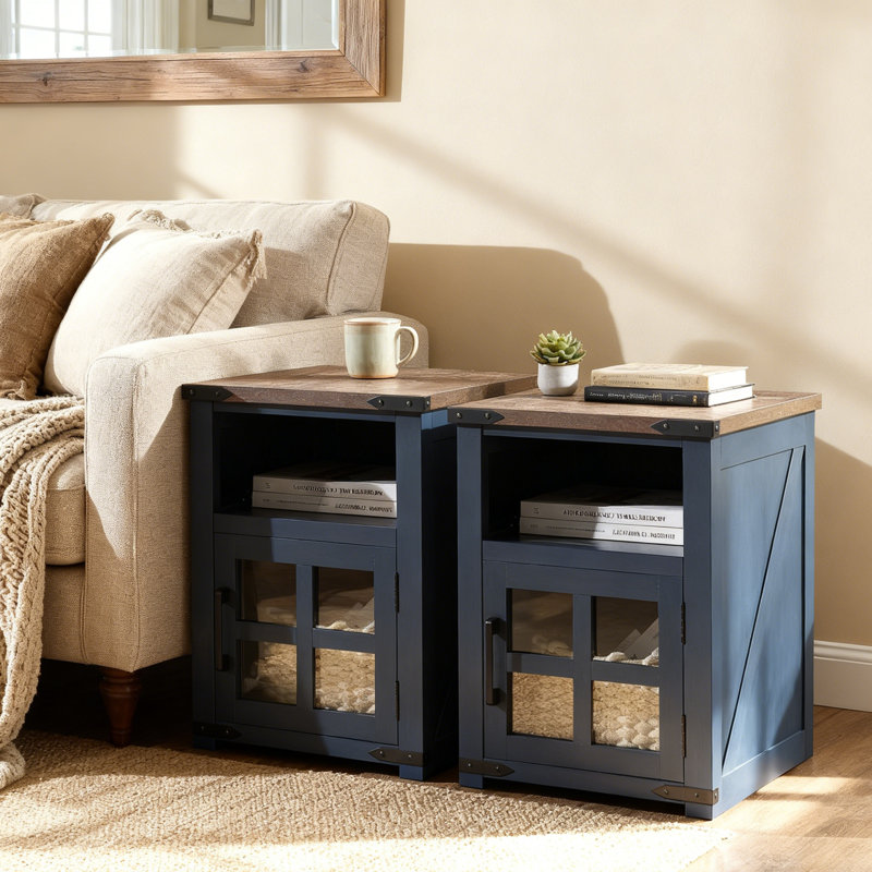 Table de bout 24 po H Farmhouse (ensemble de 2) avec table de chevet rustique, Bois espresso / bleu marine