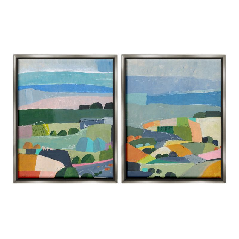 "Modern Farmland And River" par Jan Weiss, 2 pièces sur toile, Cadre flottant gris lustré, H 31 po x l 25 po