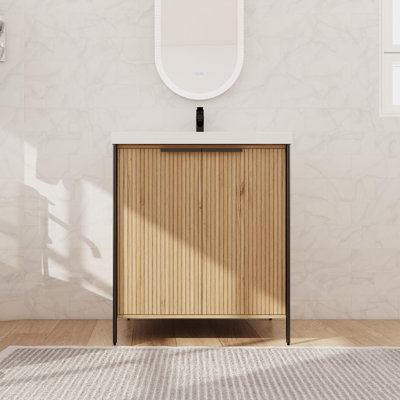 30" Freestanding Bathroom Vanity With Resin Basin Sink Top, Floor Standing Vanity With Soft Close Door And Shelf