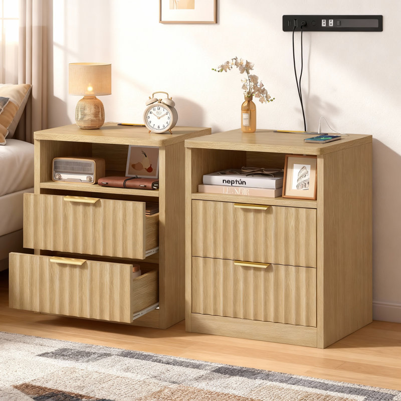 Nightstand, With Charging Station And Led Light, 2 Storage Drawer And Open Shelf, Modern Bedside Table For Small Space, For Bedroom, Living Room, Natural