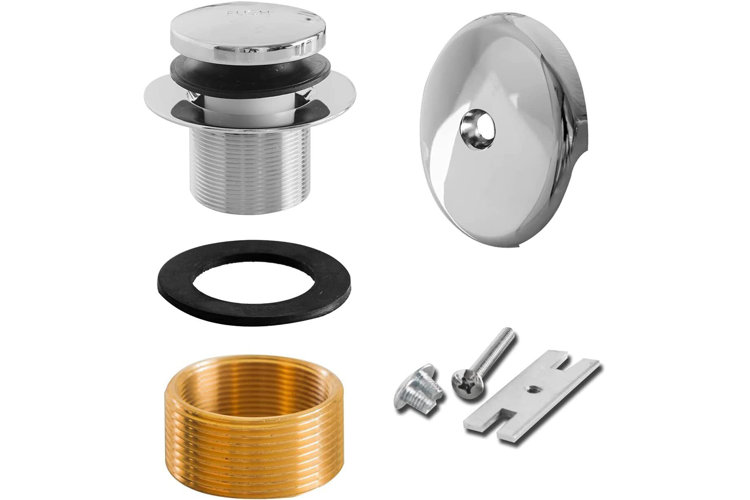 Tub drain parts including a toe-touch drain stopper, a drain basket, a rubber gasket, a thread adapter, and overflow plate.
