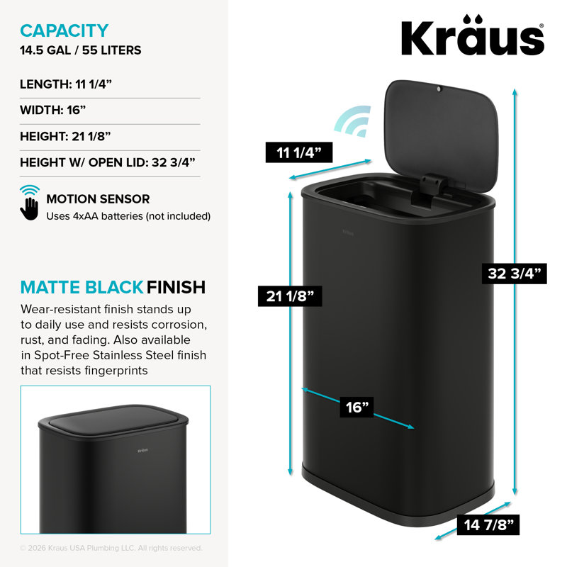 Poubelle de cuisine noire matte à capteur de mouvement 14,5 gallons / 55 litres KRAUS avec anneau de sécurité et couvercle à fermeture en douceur