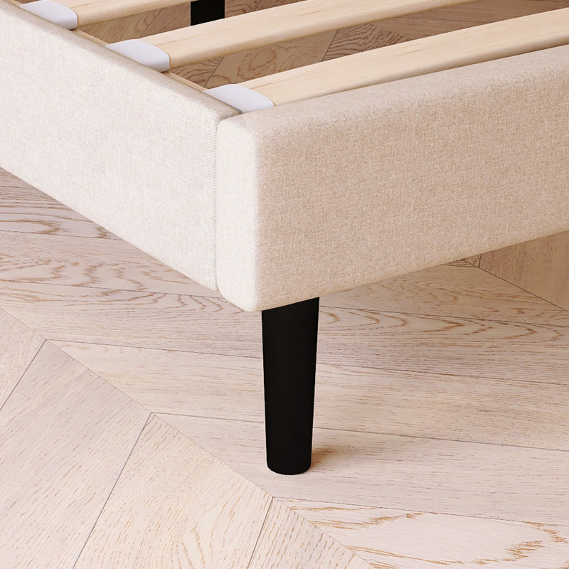 Lit plateforme tapissier double avec tête de lit et port USB, Beige, Double
