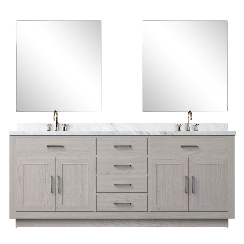 Ensemble de meuble-lavabo double 80 "avec miroir, Marbre de Carrare blanc, Chêne blanc