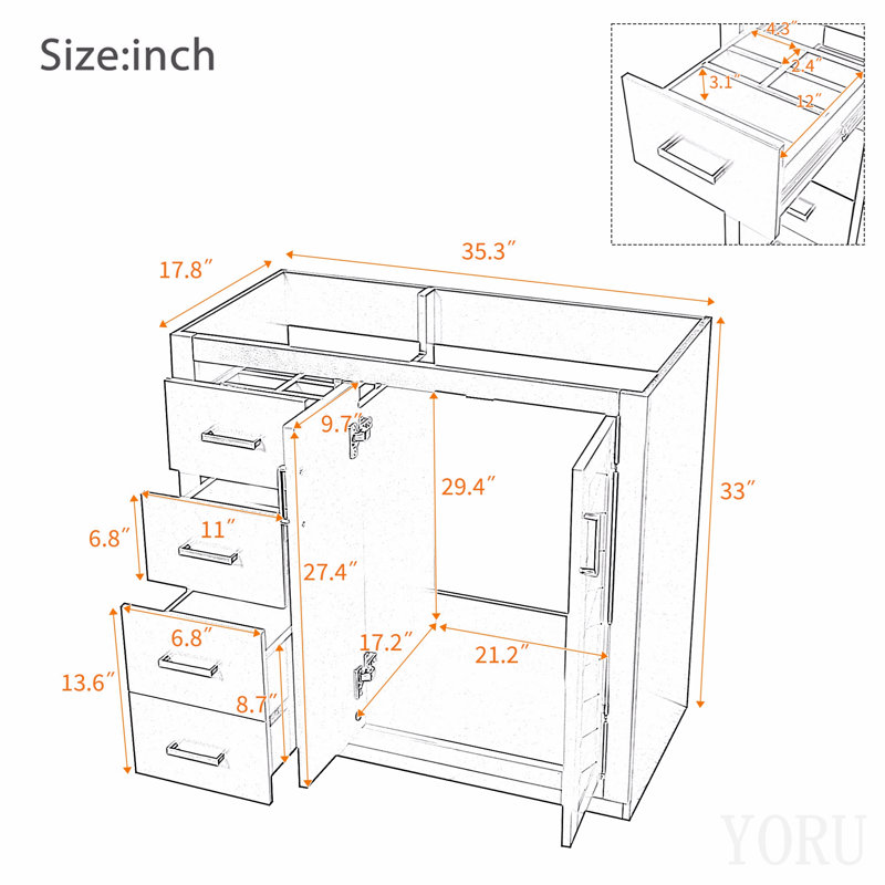 Ensemble de meuble-lavabo autoportant avec cadre en bois massif 36 po, 3 tiroirs et portes à fermeture douce, Blue, Blue