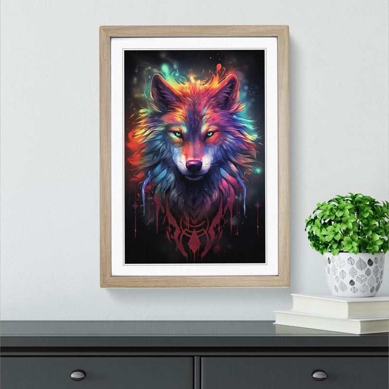 XYZ-FRM-V1223-1689 Wolf Conceptual - Single Picture Frame Print on Wood, 64cm H x 46cm W x 2cm D, Oak