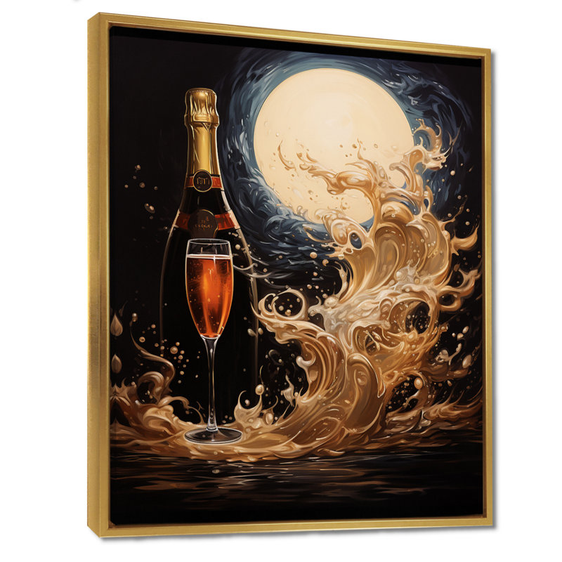 Pleine lune, célébration du champagne - art mural vin et champagne, Toile avec cadre flottant or, H 20 po x l 12 po x P 1 po