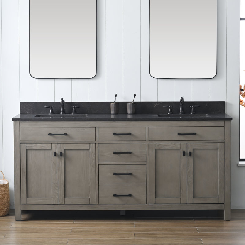 Ensemble de meuble-lavabo double 72 po Ajiya, Calcaire bleu, Gris texturé / noir mat