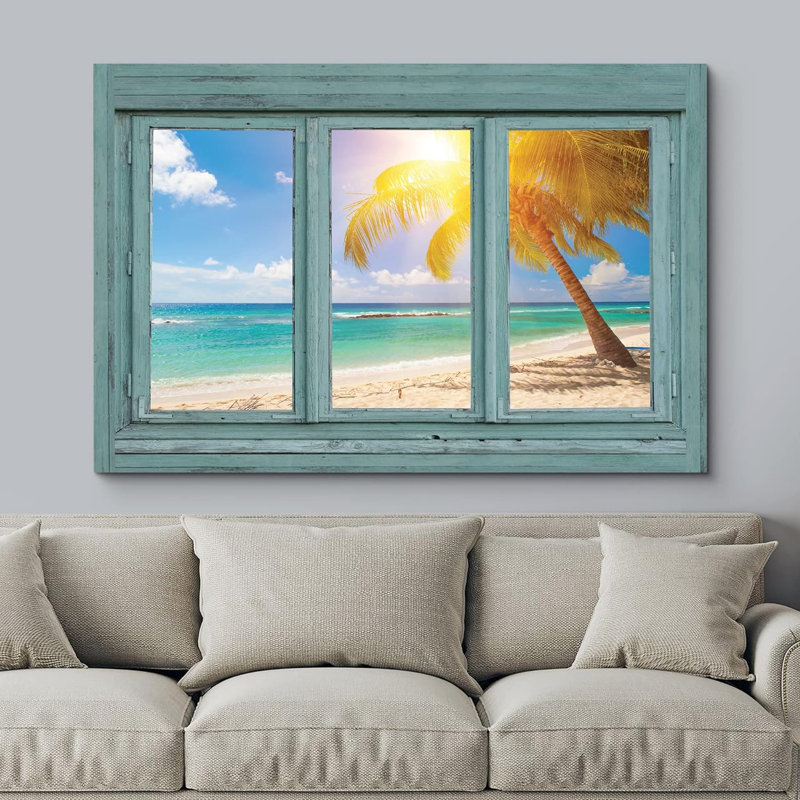 Vue de la fenêtre, coucher de soleil tropical, plage, paradis, images naturelles, art moderne, rustique, paysage ultra