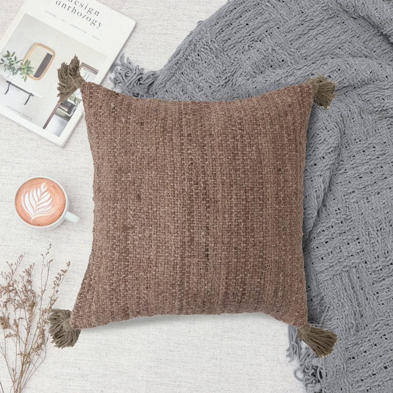 Brown Woven Cotton Square Pillow with Tassels