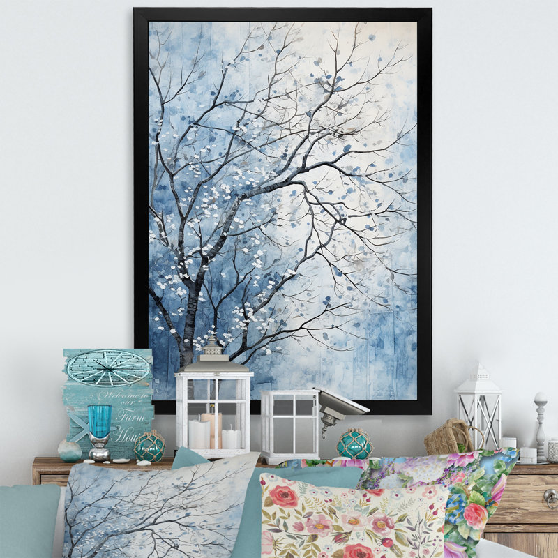 «Blue and White Tree Blooms In Winter I», art mural arbre, Cadre simple noir, H 20 po x l 12 po x P 1 po