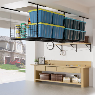 Support de rangement supérieur pour garage 3 x 8 pi, système de rayonnage de plafond réglable, rangement d'organisation de garage avec rails latéraux, capacité de 600 lb