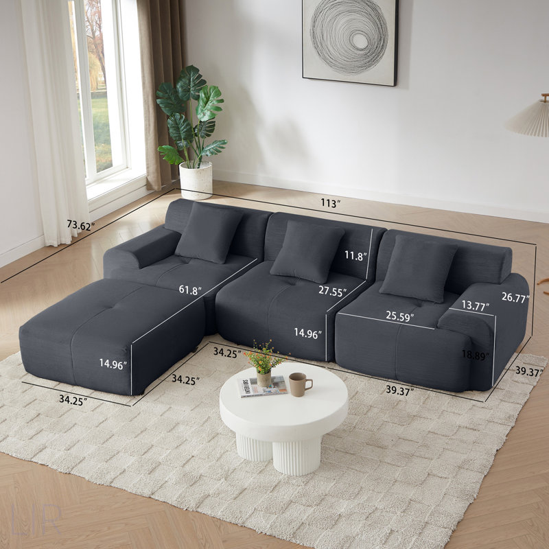 113 Inch Modern L-Shaped Modular Sectional Sofa, Corduroy Upholstery, Oversized 3-Seater With Deep Seat And Movable Ottoman – No Assembly