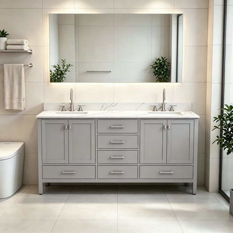 72'' Double Bathroom Vanity With Quartz Stone Top, Gray, Brushed Nickel