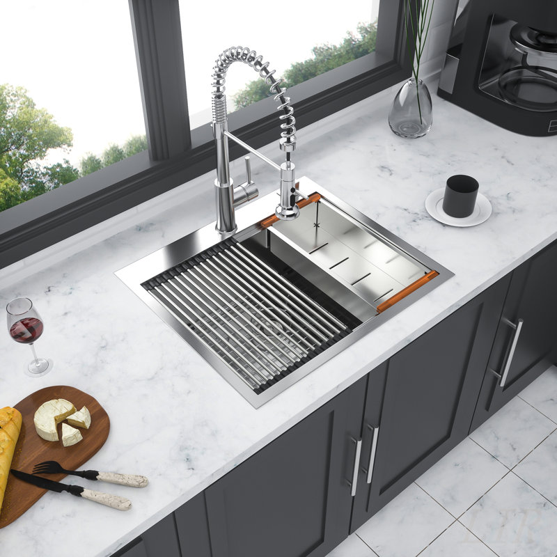 25 Inch Drop-in Topmount Single Bowl Kitchen Sink with 16 Gauge Stainless Steel, Workstation Design, and Soundproofing