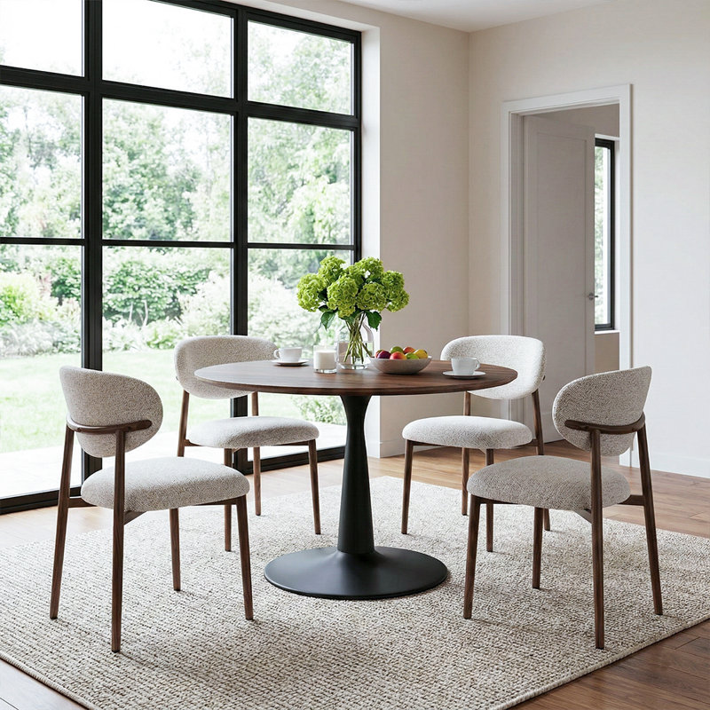 40" Modern Round Dining Table Set With Upholstered Chairs, 5-Piece Wood Top & Metal Frame Kitchen Set, Beige