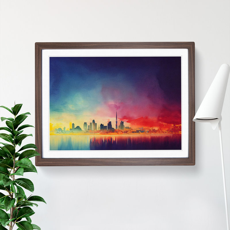 Skyline City Watercolour - Framed Print, Walnut Framed, 34cm H x 46cm W x 2cm D