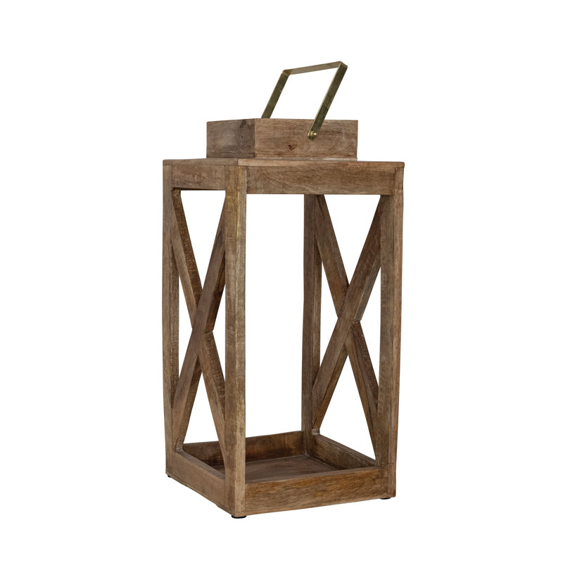Lanterne artisanale en bois de manguier avec poignée en fer