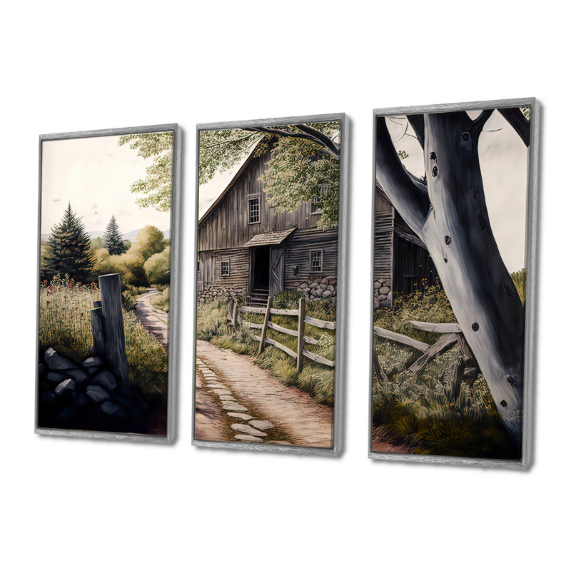 Charmant chalet et chemin II - 3 pièces, reproduction sur toile, H 32 po x l 48 po x P 1 po, Silver Floater Framed