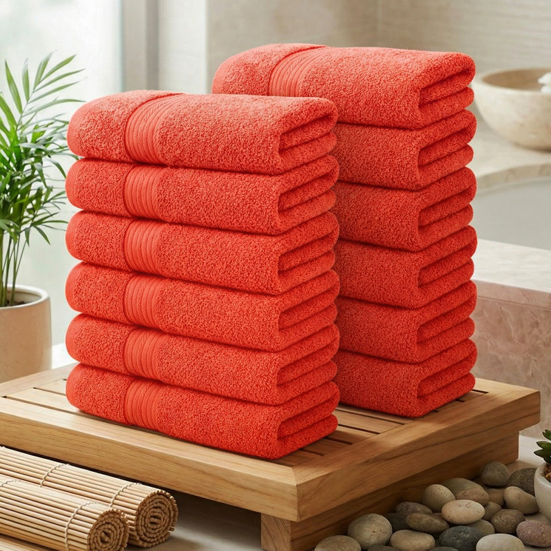 100% Cotton 600 GSM Hand Towels 18 X 28 Inch, Orange, Hand Towels- 12 Pack