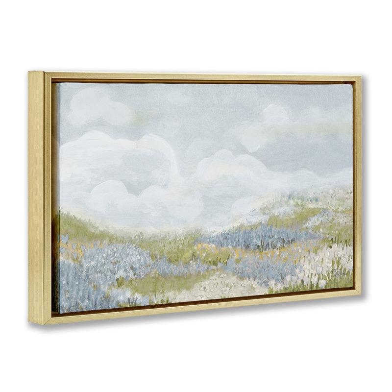 Cadre flottant bleu pré floral, design par Patricia Pinto, H 21 po x l 31 po, Cadre flottant métallique doré