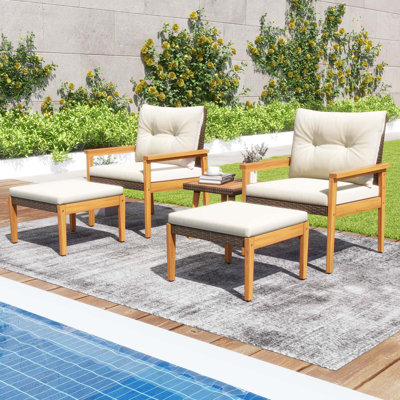 5 Pcs Rattan Furniture Set Wood Frame Chairs & Ottomans With Square Coffee Table