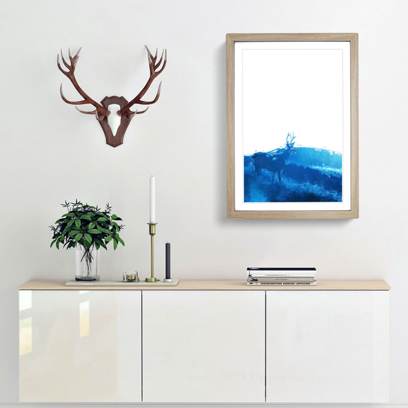 Deer upon the Hill in Abstract - Picture Frame Graphic Art Print, 65cm H x 48cm W x 2cm D, Oak Framed