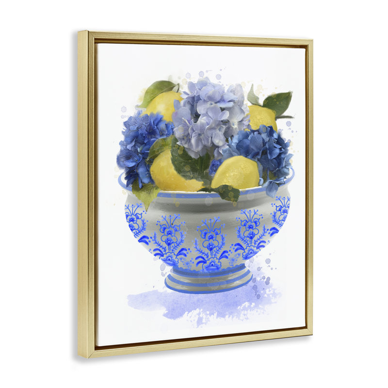 Cadre flottant hydrangea et citron bol, design par Matthew Piotrowicz, H 21 po x l 17 po, Cadre flottant métallique doré