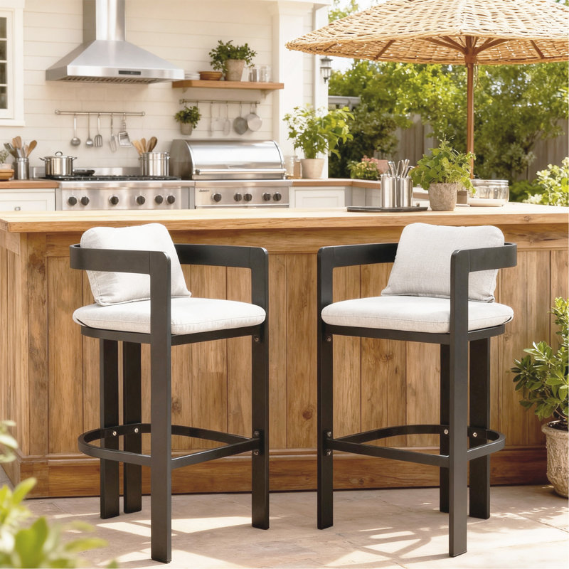 Tabouret de comptoir d'extérieur en aluminium, chaise de bar, structure noire avec coussin gris, ensemble de 2