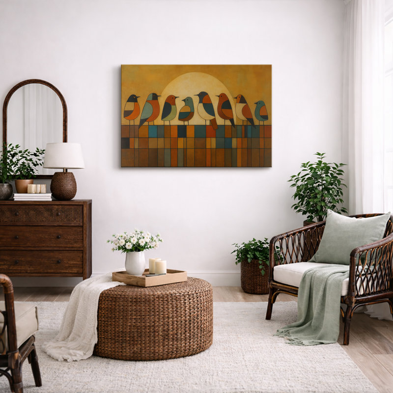 «Mid-Century Style Birds on Fence Abstract Nature Scene», reproduction d'art sur toile encadrée, H 24 po x l 36 po
