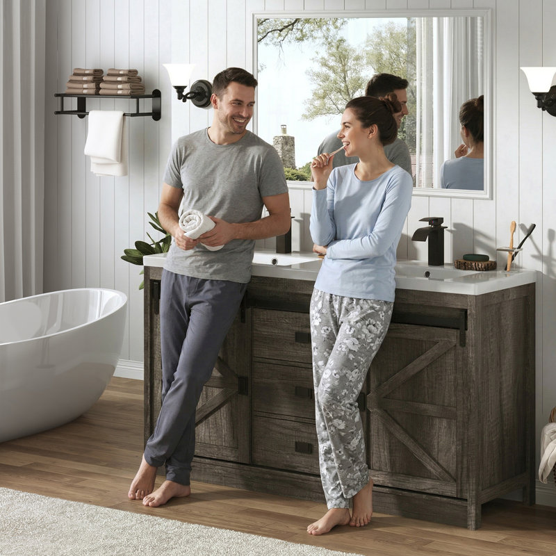 Meuble-lavabo double 59 po avec lavabo, robinet, ensemble de drain, tiroirs et portes de grange coulissantes 59 po