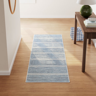 Malta Blue Machine Washable Striped Rug