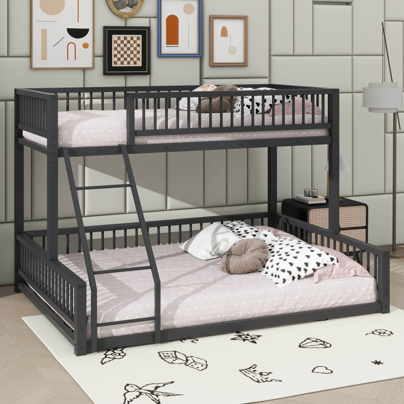 Grand lit convertible grand avec rails de sécurité et échelle, taille simple TG sur le dessus, Simple TG sur grand, Noir