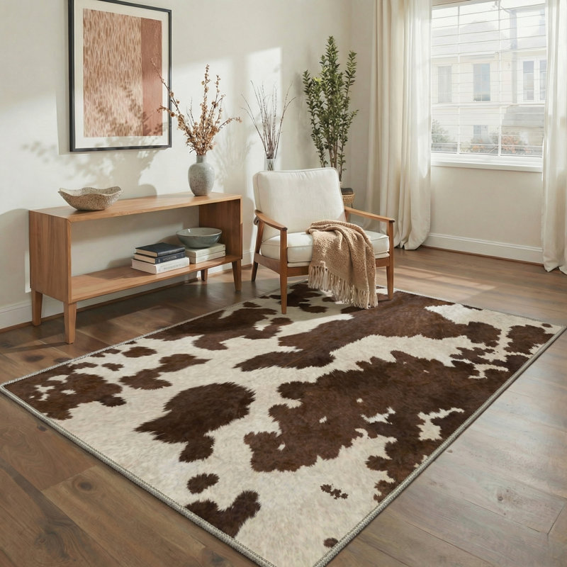 Aura Rustic Cowhide Machine Washable Beige / Brown Indoor Area Rug with Non-Slip Backing, Round 5'