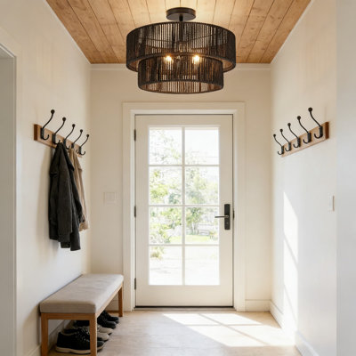 Plafonnier semi-encastré avec abat-jour tambour en rotin - lustre de style campagnard 3 lumières Boho