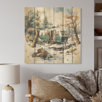 «Camping Van Charm In Winter I», art de voyage en bois sur bois de pin naturel