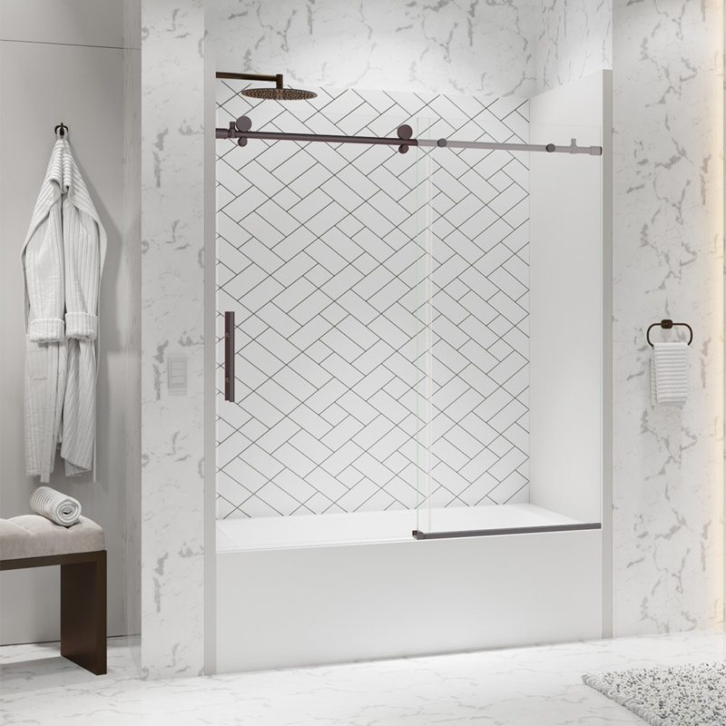 Porte de baignoire coulissante sans cadre en bronze huilé avec verre transparent de 3/8 po (10 mm) de largeur l 60 po x H 60,5 po Eclipse