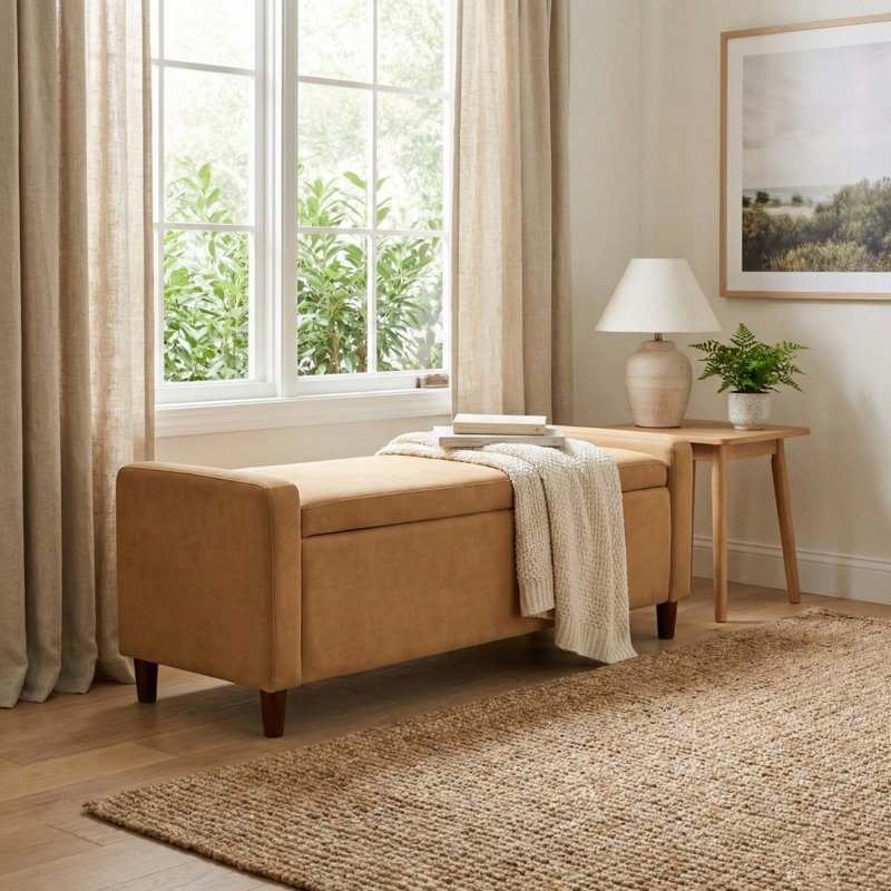Banc de rangement rembourré en velours, Orange