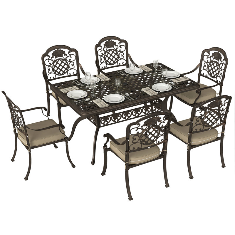 Outsunny 7 Pieces Garden Dining Set Metal Outdoor Dining Set Bronze Tone