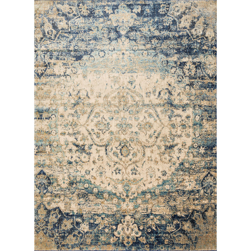 Tapis oriental beige / bleu Goggin, Rectangle 2 pi 7 po x 4 pi