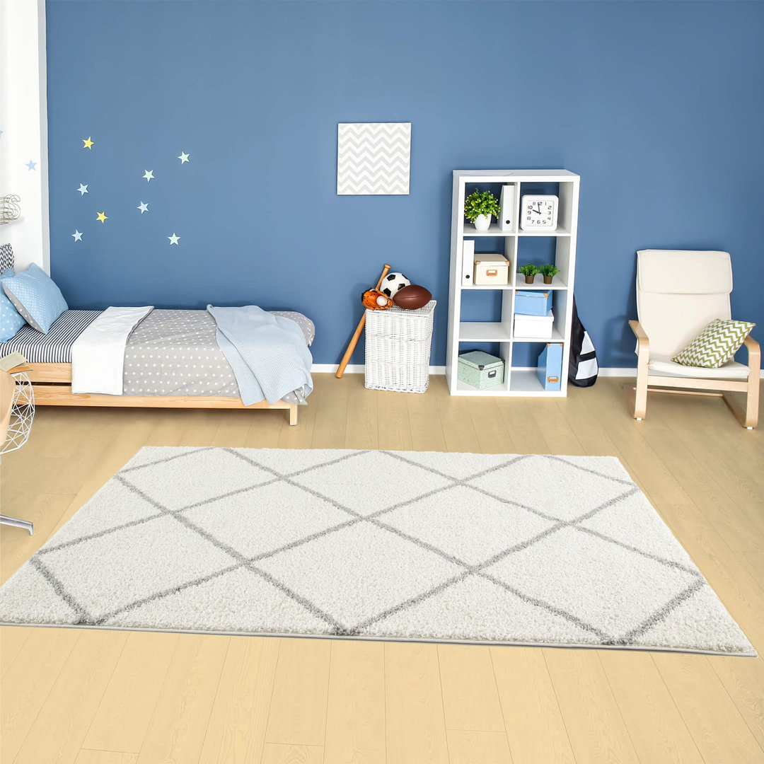 B&Q - Moroccan Shaggy Rugs And Runners Soft Fluffy Diamond Design High Pile Ivory And Grey Living Room Kitchen Hallway 500 - Image 3