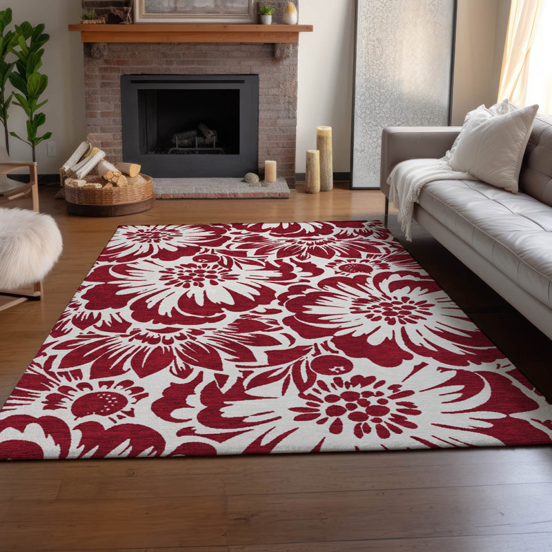 Burgundy Floral Rectangular Washable Synthetic Rug 3' x 5'