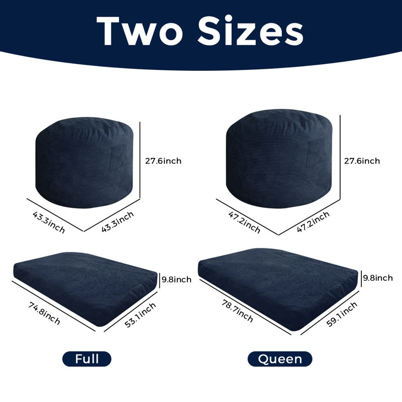 Corduroy Bean Bag Chair & Lounger, Navy Blue Corduroy, 27.6 H x 47.2 x 47.3