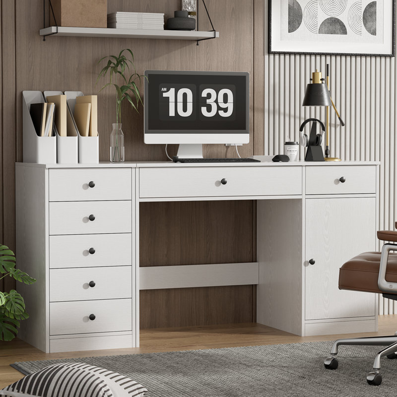Bureau d'ordinateur de 47,2 po avec armoire de rangement à 5 tiroirs, tablette réglable, grande armoire de rangement pour bureau à domicile