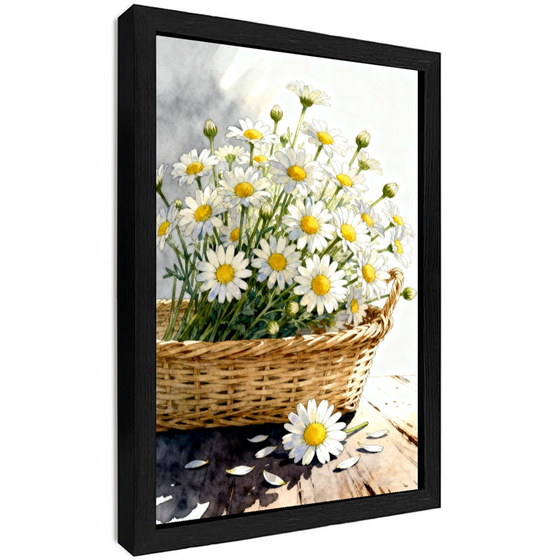 Art encadré noir, panier de fleurs rempli de marguerites, impressions de style rétro, H 17 po x l 13 po