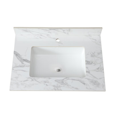 Comptoir de salle de bain 31 po x 22 po - Blanc pierre frittée avec lavabo encastré en céramique et dosseret élégant
