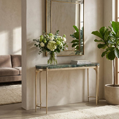 Console en marbre avec plateau en pierre en métal, finition dorée, entrée moderne ou décor de couloir vert 33 po